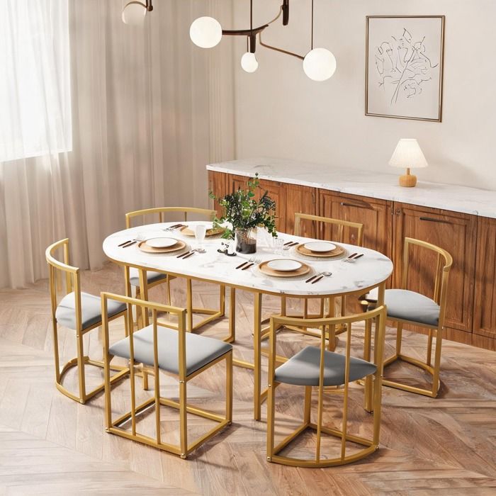 Ensemble table et 6 chaises en MDF blanc et métal doré design moderne salle à manger 140 cm