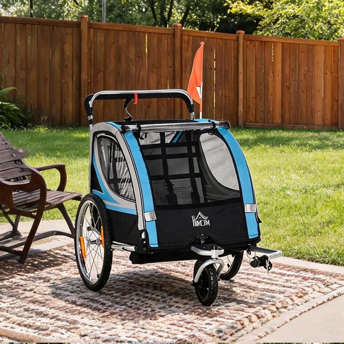 Remorque vélo 2-en-1 pour enfant rich blue et noir structure acier et polyester 142 x 75 x 101 cm