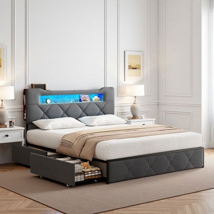 Lit double 160x200 cm avec sommier à lattes lit capitonné avec LED et USB 4 tiroirs Lit 2 Personnessommier à lattesVelours gris