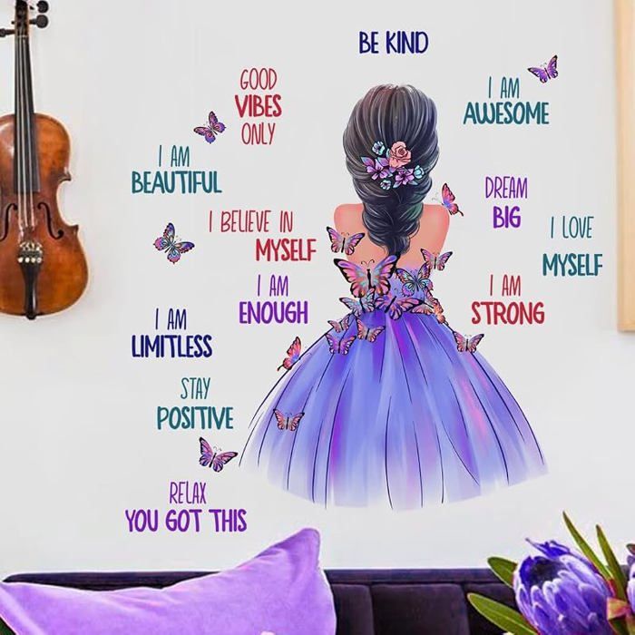 Stickers muraux FILLE en VIOLET (66x70 cm) I Autocollant mural chambre fille citation phrase positive motivation STICKERS