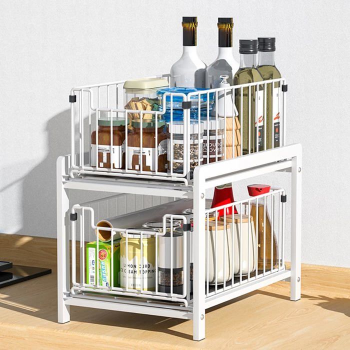 GARVEE Étagère de rangement de cuisine en métal – double niveau – extensible – convient aux cuisines et salles de bains-Blanc