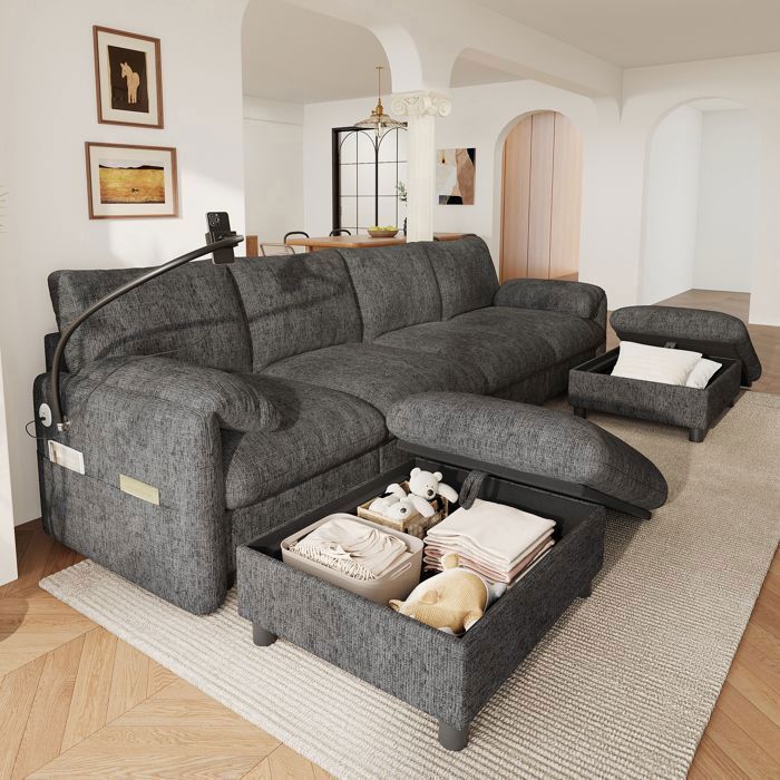 Canapé d’angle modulable 6 places 273 5 x 133 x 81 cm avec 2 poufs coffre USB type-C chenille gris