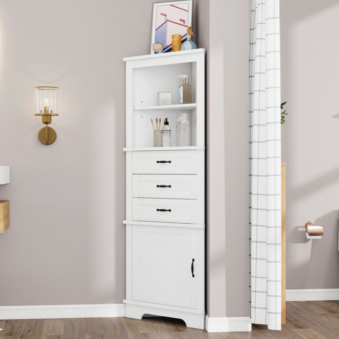 Meuble dAngle de Salle de Bain Blanc Colonne dAngle Haute avec 3 Tiroirs et Étagères Réglables Armoire de Coin 57x46x167cm Meuble dAngle de Salle de Bain Blanc Colonne dAngle Haute avec 3 Tiroirs et Étagères Réglables Armoire de Coin 57x46x167cm
