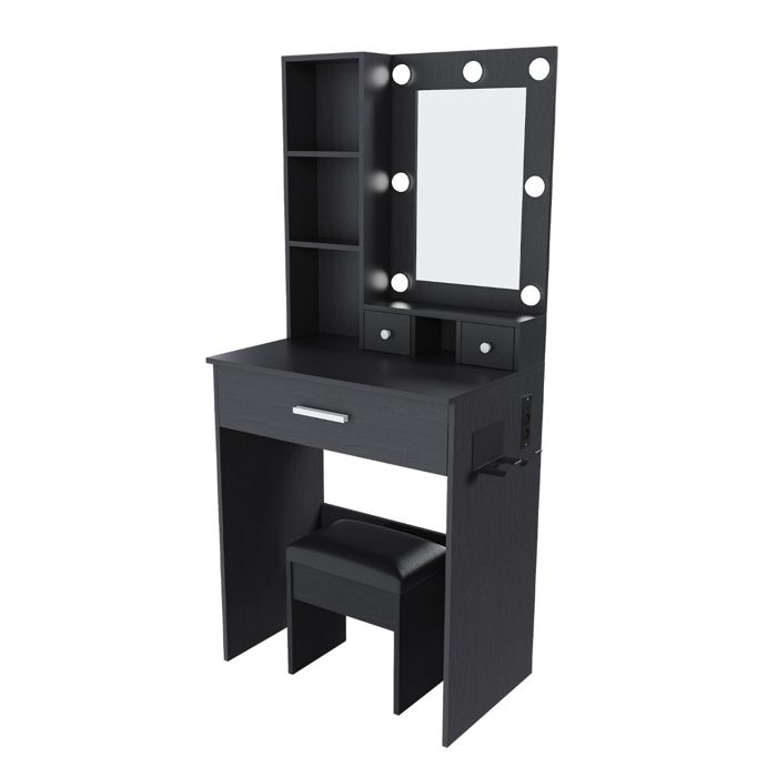 Ensemble coiffeuse avec miroir lumière LED réglable prise électrique support pour sèche-cheveux et tabouret rembourré noir