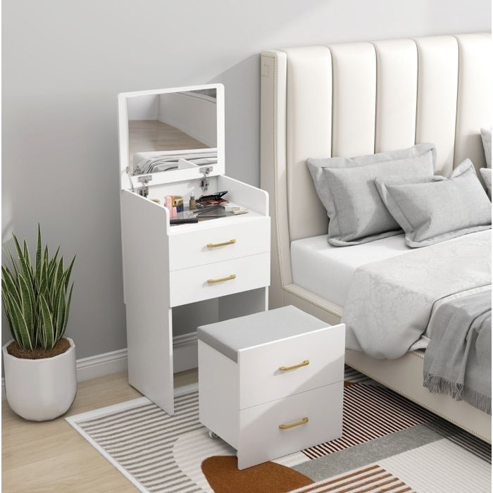 Coiffeuse 3-en-1 avec miroir table de chevet et tabouret à roulettes 2 tiroirs plateau en verre - ELVMI - Blanc chambre