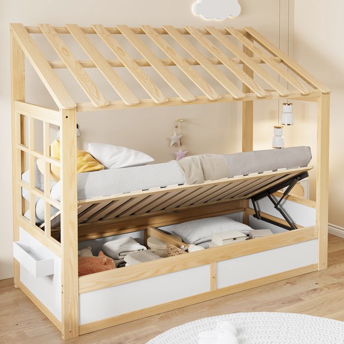 Lit cabane enfant 90x200cm - Lit simple en bois - design cottage - rangement - À décorer à votre guise - blanc et bois
