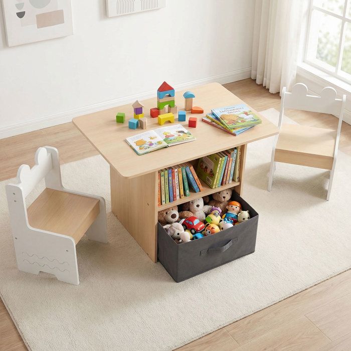 Ensemble Table et 2 Chaises Enfant-COSTWAY-avec 2 Compartiments Ouverts Tiroir Pliable en Tissu 3 Ans+ Design Naturel