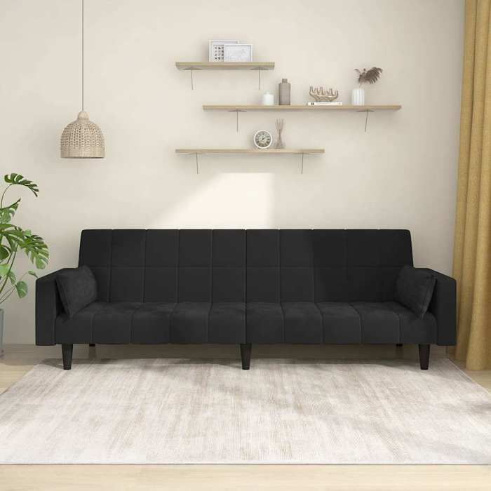Meuble Canapé-lit à 2 places avec deux oreillers Noir Velours SIEGE - ASSISE FF13448