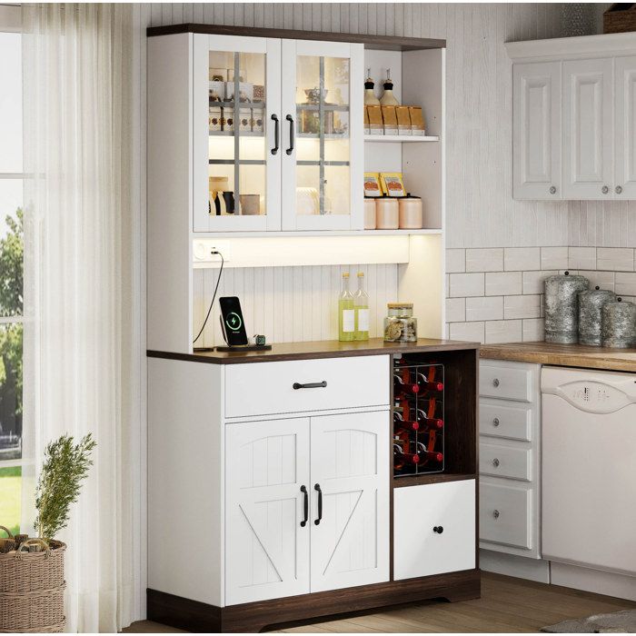Buffet de cuisine haut avec 5 portes 2 tiroirs étagères réglables LED et prises intégrées pour cuisine - 105×40×185 cm