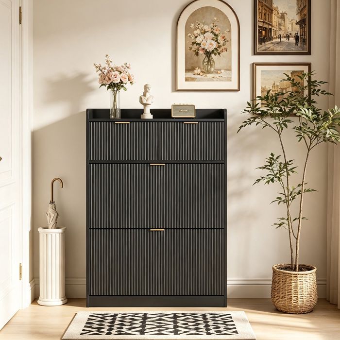 Meuble à Chaussures Grande Capacité avec Étagères Réglables - Anti-Basculement - 2 tiroirs de rangement - Poignées Dorées - Noir