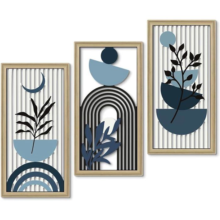 Decor Lot 3 tableaux encadrés art abstrait bleu gris noir pntes graphiques formes géométriques cadres bo OBJET DE DECORATION MURALE