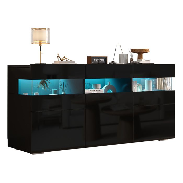 Buffet bas de salon 140 x 405 x 665 cm en panneaux de particules noir brillant avec LED 3 portes