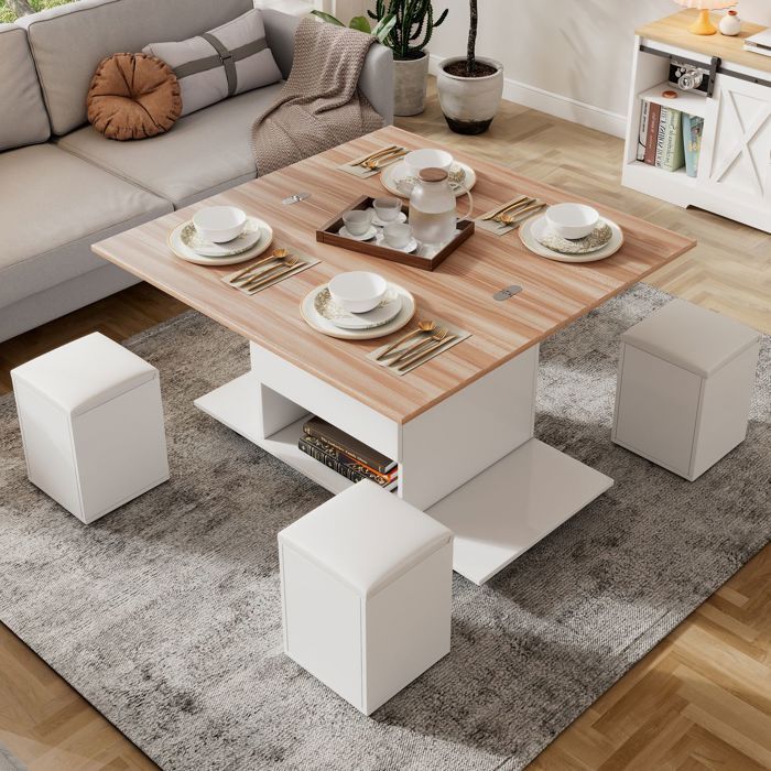 Table basse relevable - WESTYLE - 3-en-1 multifonctions - Convertible bureau/repas - Rangement + 4 tabourets - Blanc/ton bois