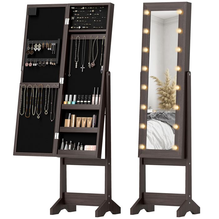 Armoire à bijoux - HOMCOM - meuble rangement sur pieds miroir éclairage LED - bois - 36x30x136cm - marron foncé Armoire à bijoux - HOMCOM - meuble rangement sur pieds miroir éclairage LED - bois - 36x30x136cm - marron foncé