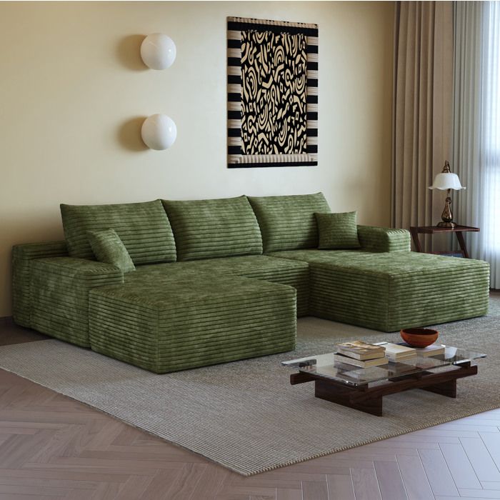 Canapé dangle modulable compressé vert 4 places en velours côtelé chaise longue à droite ORVRYN