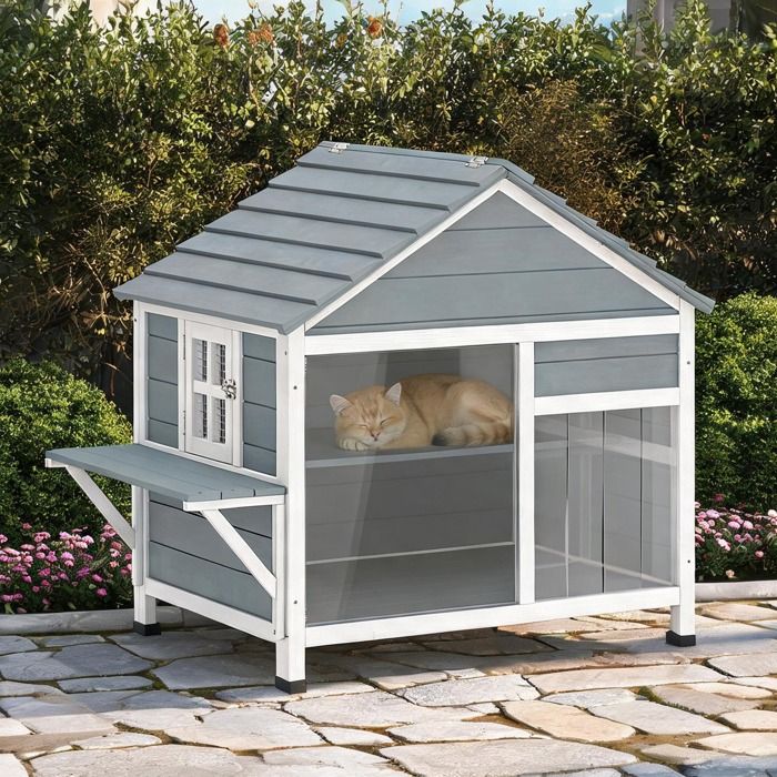Niche pour chat dextérieur en bois de sapin 2 niveaux avec toit ouvrant et fenêtre panoramique 101x72 5x81 cm