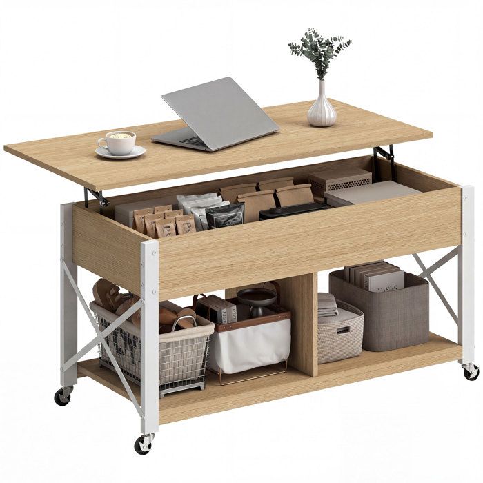 Table basse relevable à roulettes table de salon avec compartiment caché étagères ouvertes bois naturel et blanc