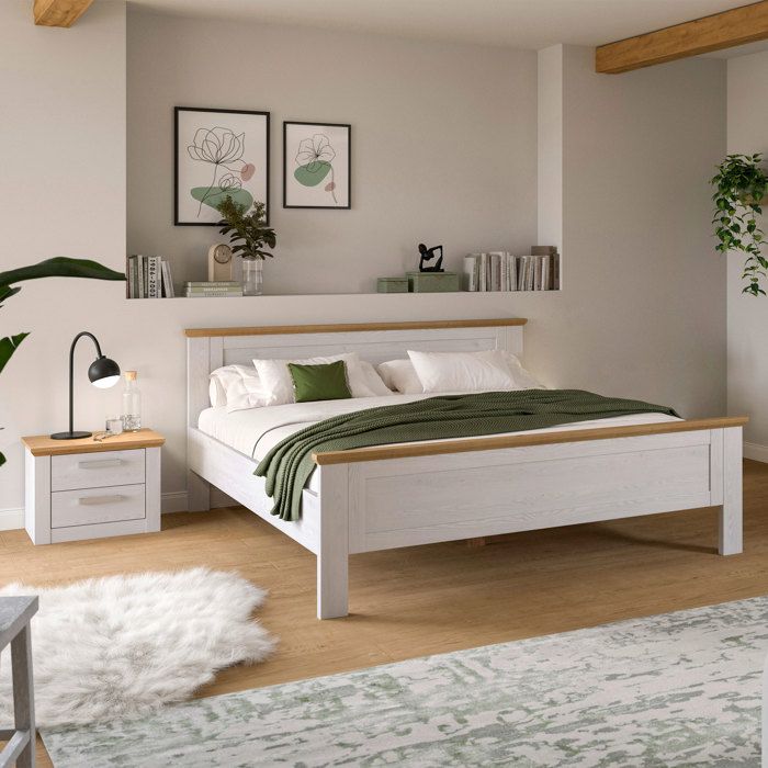 Ensemble lit 189x209x90cm et chevet décor blanc et naturel - VERONICE