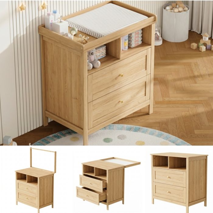 Pour Parents et Bébé Hauteur Ergonomique 90 cm Table à Langer Commode Évolutive avec Tiroirs et Niches Ouvertes