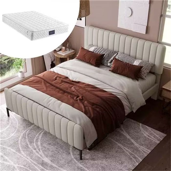 Lit capitonné 140x200 cm gris beige avec tête réglable sommier lattes lit ado invité avec matelas