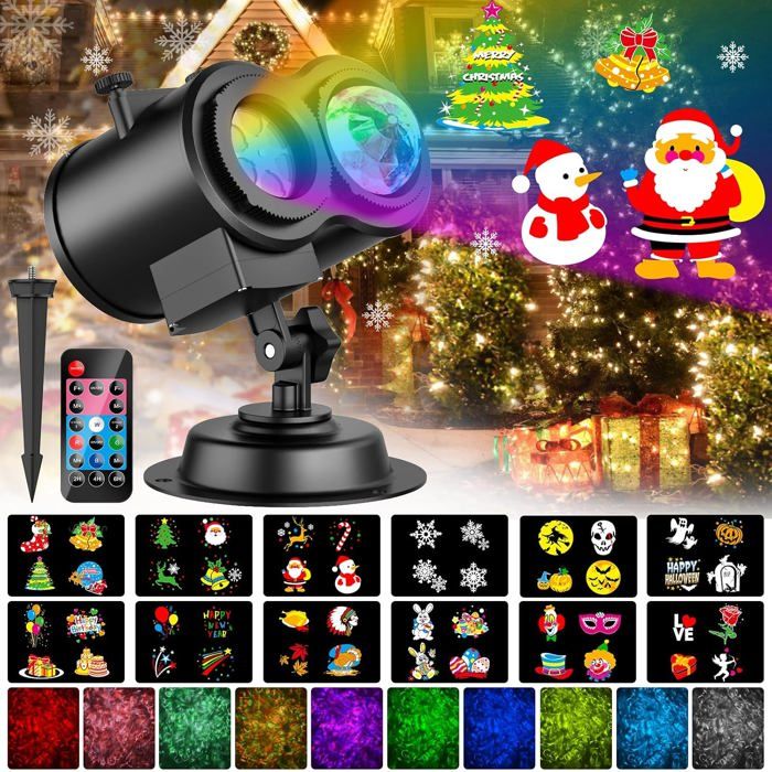Projecteur LED 2 en 1 intérieur extérieur - effet ondulation eau 10 couleurs 12 diapositives télécommande avec minuterie 2H 4H 6H
