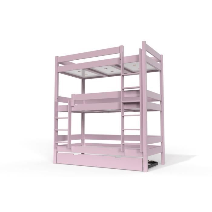 lit superposé abc meubles abc 4 places en bois massif 90x190 violet pastel - sommier inclus