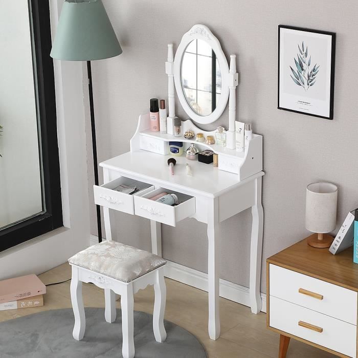 coiffeuse blanche en bois - style classique - miroir et 4 tiroirs - chambre à coucher ou salon