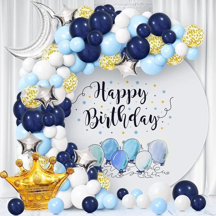 129Pcs Bleu Marine Blanc Arche Ballon Anniversaire Bleu Clair Or Confettis  couronne dorée et dorée pour garçons, filles, enfan[490]