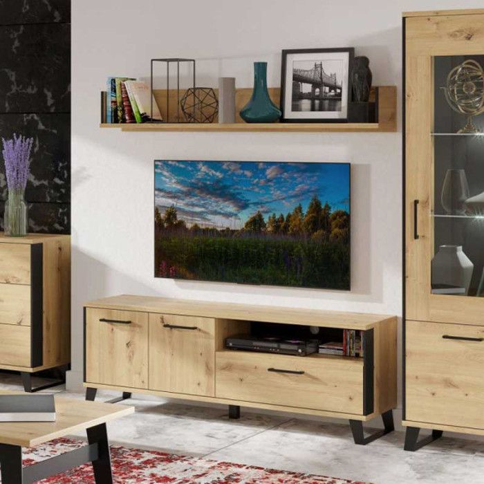 meuble tv 2 portes battantes 1 tiroir chêne/métal - seattle - bois clair - bois / métal - l 150 x l 40 x h 54 cm - meuble tv