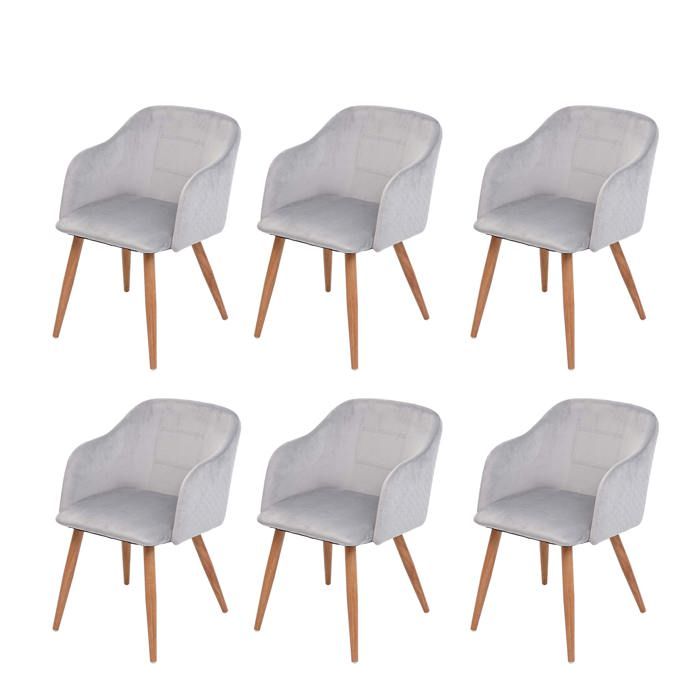 lot de 6 chaises de salle à manger cuisine design scandinave retro accoudoirs tissu velours gris clair