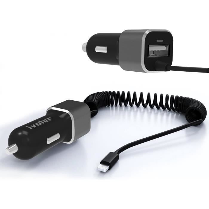 Chargeur de Voiture Allume-Cigare 2 Ports USB 24W/ 4,8A avec Câble Lightning (1.5m) Ultra Petit Chargeur pour iPhone X / 8/7 / 6s P