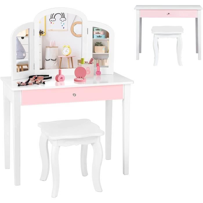 Coiffeuse Enfant DREAMADE Avec Tabouret - Miroir Triptyque Amovible - Table Maquillage 3+ Ans - Charge 50kg (Zèbre)