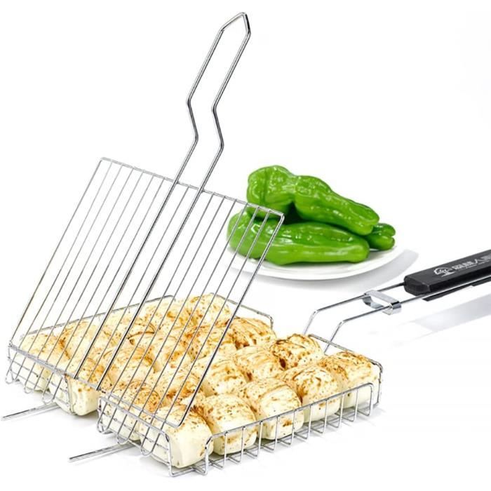 Panier Barbecue Acier Inoxydable - 33x20.3cm - Pliable - Poignée Amovible - Pour Poisson/Légumes