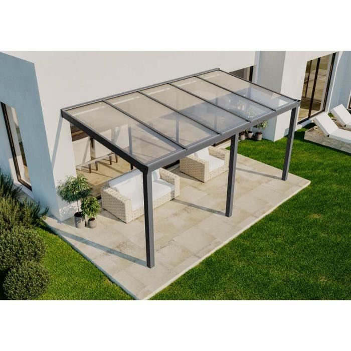 Abri de terrasse autoportante Terrando - 5x2m - gris - polycarbonate - charge de toit élevée