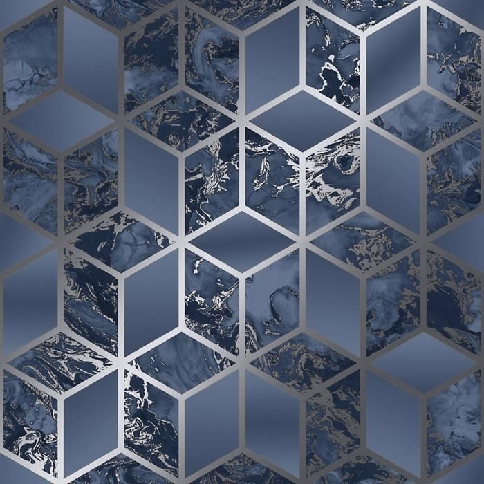Elixir Elixir Cube 3D Diamants Métallique Marbre Muriva Papier Marine/Argent 166512 