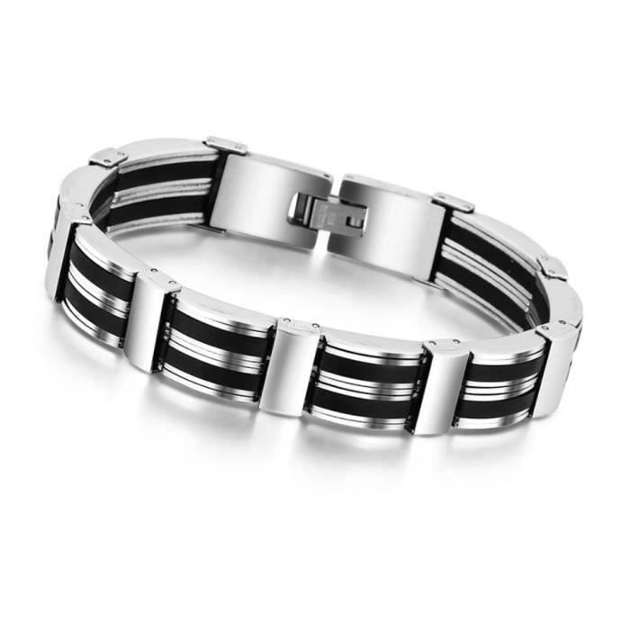 Bracelet homme cuir noir gourmette acier a graver - BijouxStore - webid:618