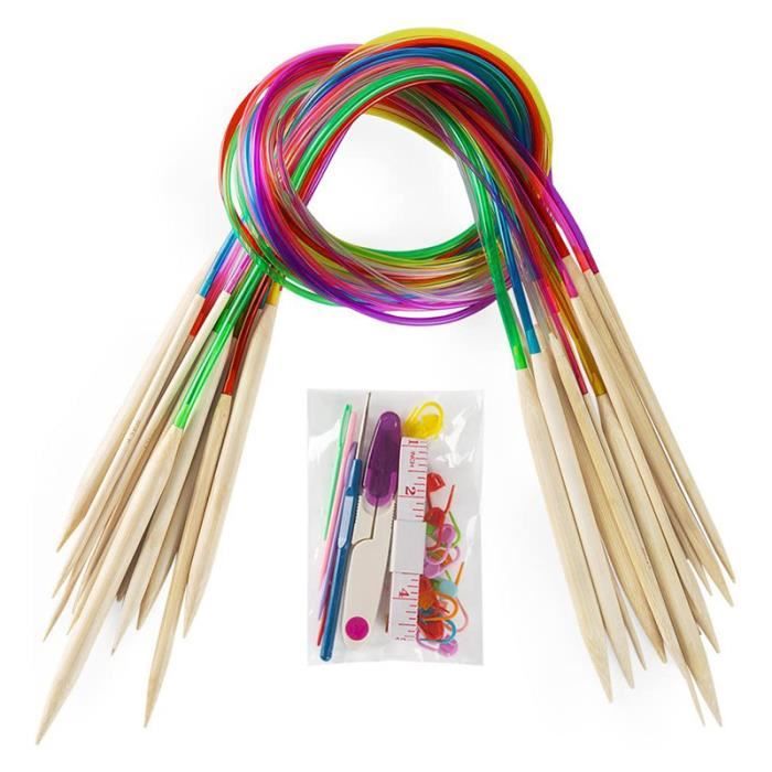 18 Paire Aiguilles Circulaire A Tricot En Bois Bambou Avec Aiguille A Crocheter Et 10Pcs