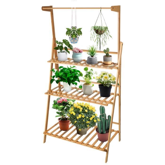 Porte Plante Suspendue Bambou - Hofuton - 3 niveaux - Intérieur/extérieur - étagère meuble