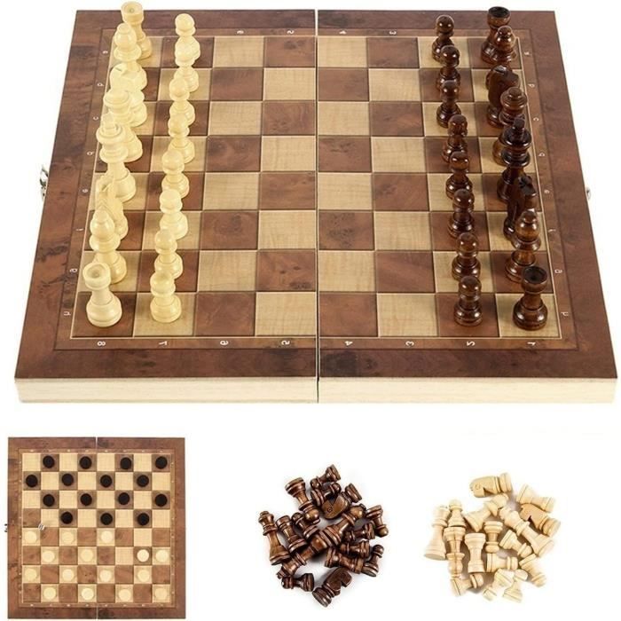 Jeu D’échecs En Bois – Échiquier Portable 26 X 26 X 3 Cm – Pièces En Bois Solide – Cadeau éducatif Dès 3 Ans