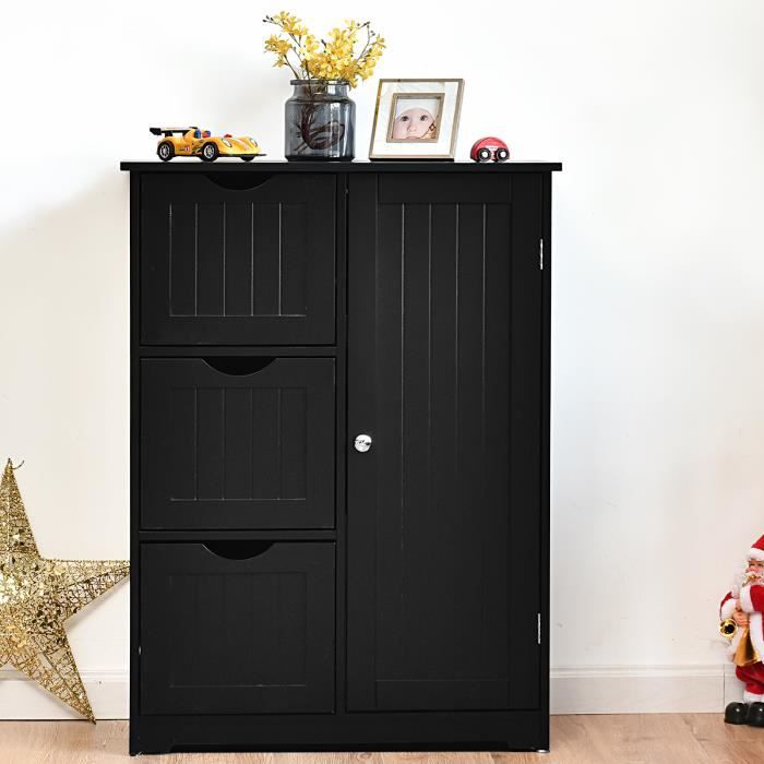 COSTWAY Meuble de Salle de Bain en Bois avec 3 Tiroirs et 1 Placard, Meuble de Rangement pour Salon, Chambre, 60 x 30 x 81 cm, Noir