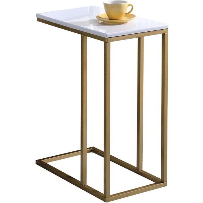bout de canapé debora en métal doré et plateau rectangulaire en mdf décor blanc, table d'appoint table à café table basse de salon