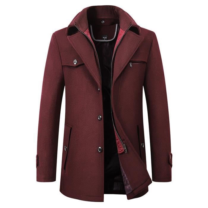 Manteau Homme Pardessus Laine Mi-long Caban Veste ?�pais Chaud Automne Hiver Rouge vin 