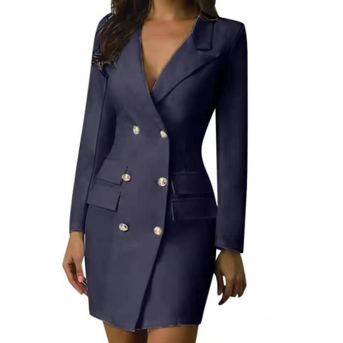 Manteau Coupe-vent Femme Femmes Coupe-Vent Printemps Et Automne Veste à Double Boutonnage Décontracté Manteau Long Revers Couleur Unie Manteau Affaires Loisirs Mode Trench Coat (Bleu,M Trench élégant à Col Revers - 7