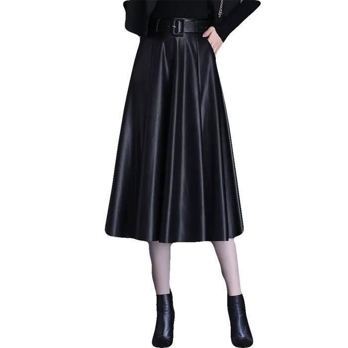 Jupe Femmes PU en Cuir Pliss e Vintage De A Ligne Taille Haute