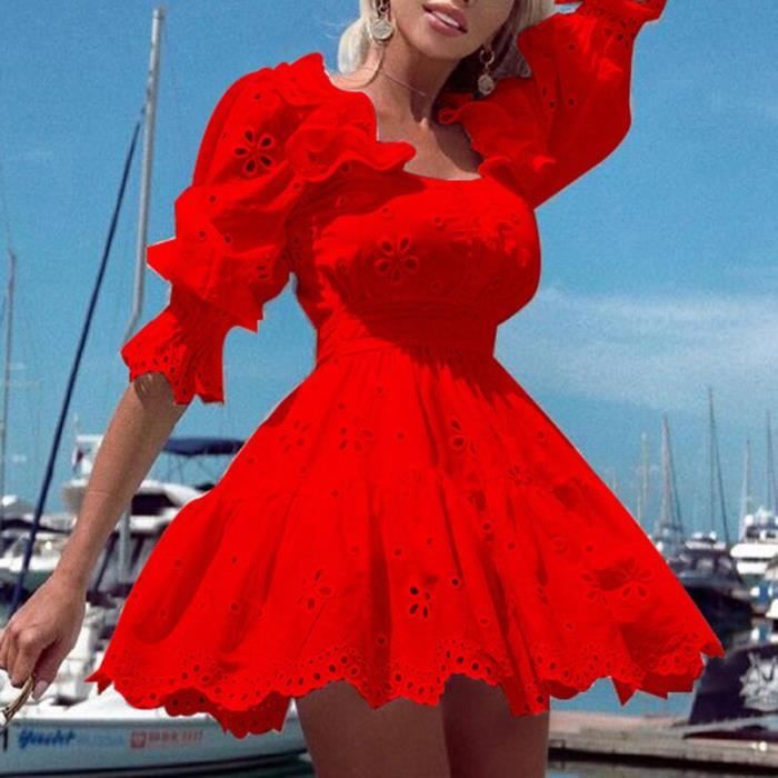 Femmes solide évider robes de soirée volants lâche dentelle Patchwork ...