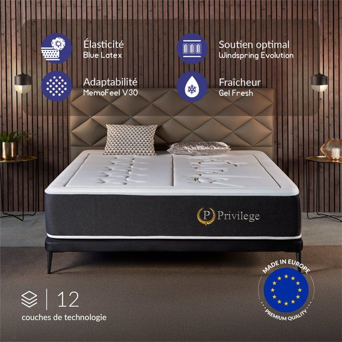 Matelas Hybride Privilège 160x200 - 30 cm - Ressorts Ensachés + Mémoire de Forme Premium - Soutien Durable - Maintien Durable du Dos Matelas Hybride Privilège 160x200 - 30 cm - Ressorts Ensachés + Mémoire de Forme Premium - Soutien Durable - Maintien Durable du Dos