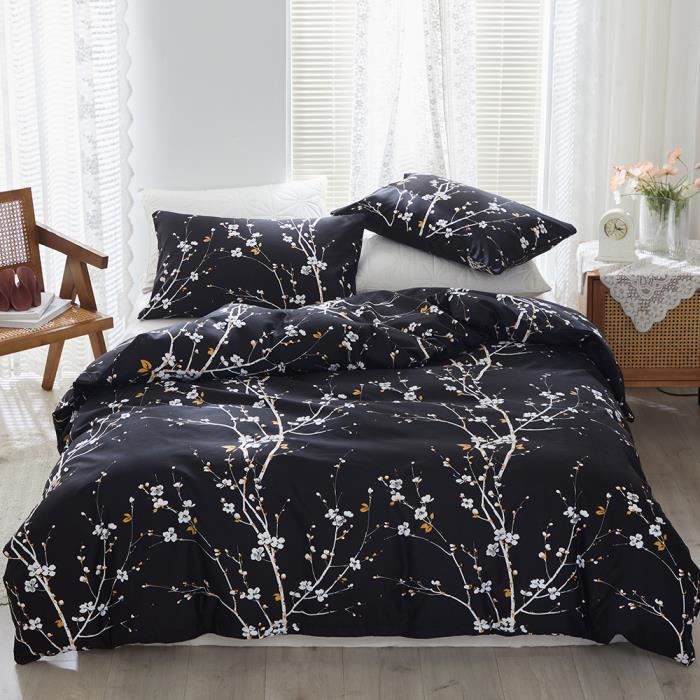 Housse de Couette - Marque - Noir Fleurs - Microfibre - Fermeture Éclair