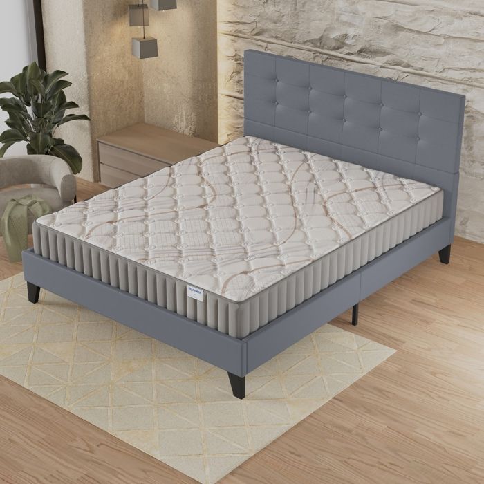 Ensemble MATELAS + LIT (140x190cm)- Sirius 22cm Latex Naturel & Mousse HDensité + Sommier stable & tête de lit revêtement Gris