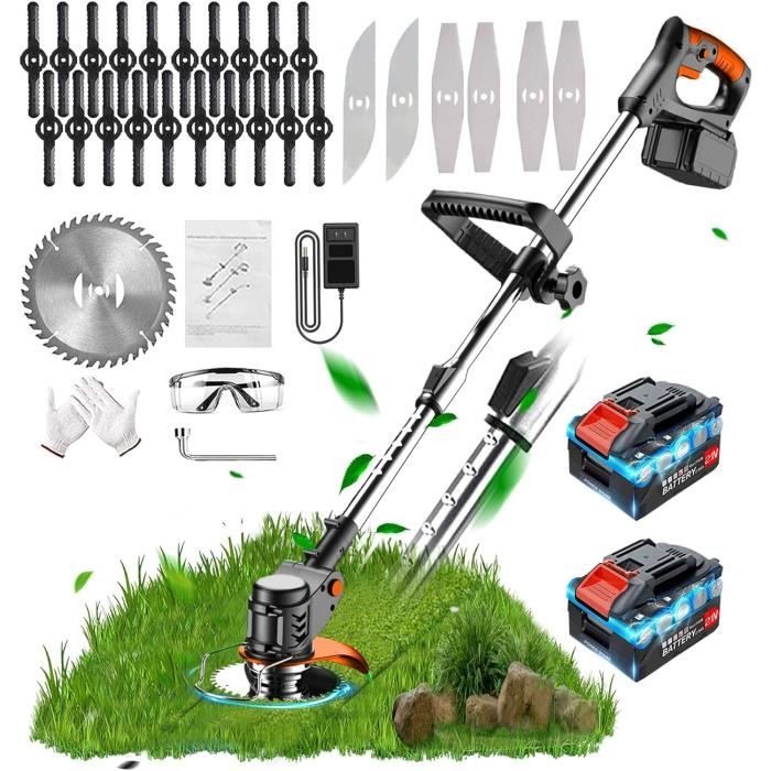 Coupe-Bordures Sans Fil Wrneaoch 21V - Batterie 2.0Ah, 4 Lames - Tête Rotative 90° - Manche Télescopique