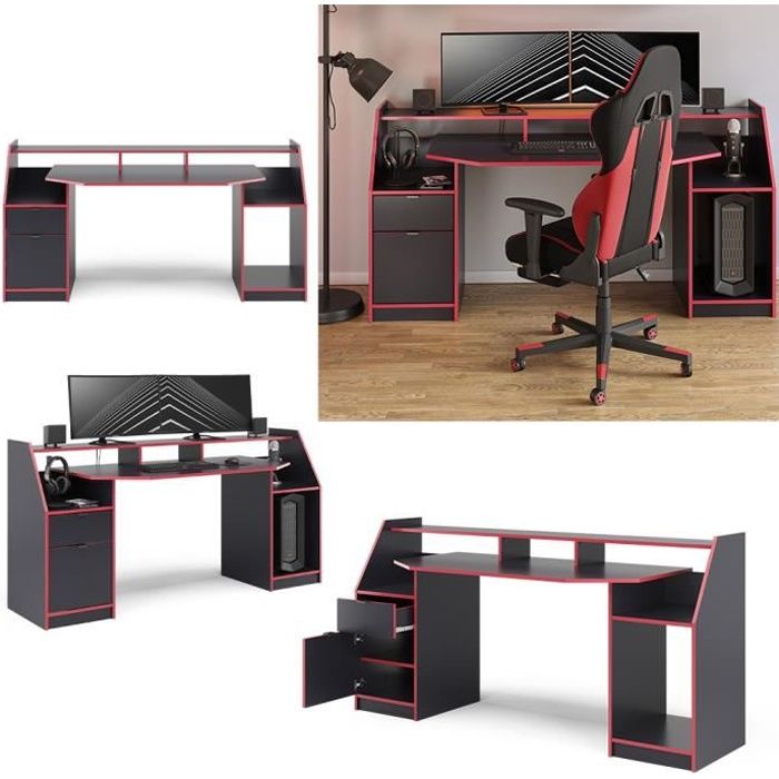 vicco  bureau informatique joel, bureau pc noir-rouge , bureau gaming, bureau, bureau gamer
